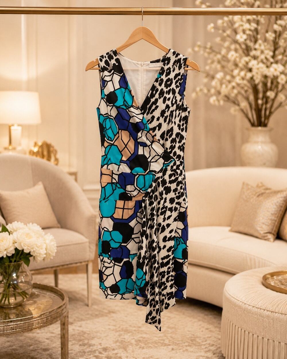 Tracy Reese Silk Faux Wrap Dress 6 Mixed Print Animal Geometric Sleeveless Chic
